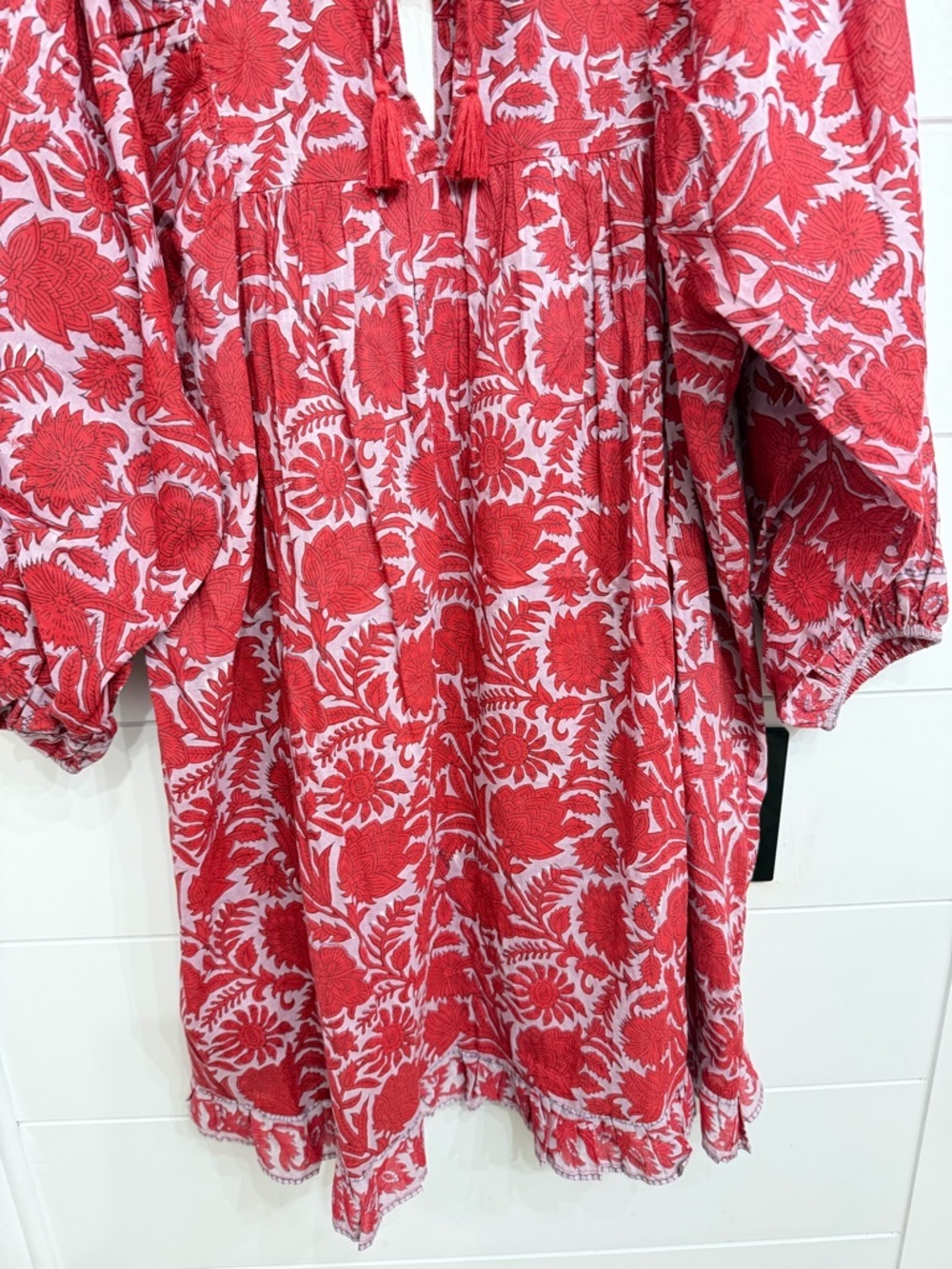 Cleobella Red Floral Organic Cotton Dress Boho Tassel Tie Peasant 36369 - Picture 4 of 11